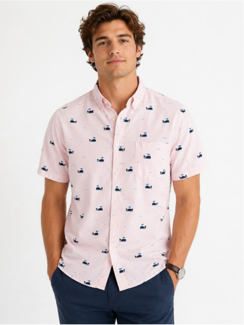 Artistry in Motion Whale Print Button-Up Shirt Men's Large Slim Tall Pink Cotton